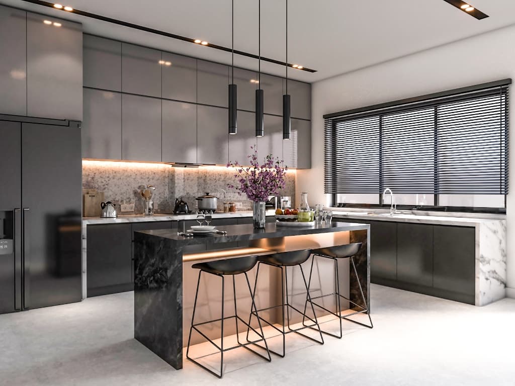 Modern kitchen with island bench and pendant lighting