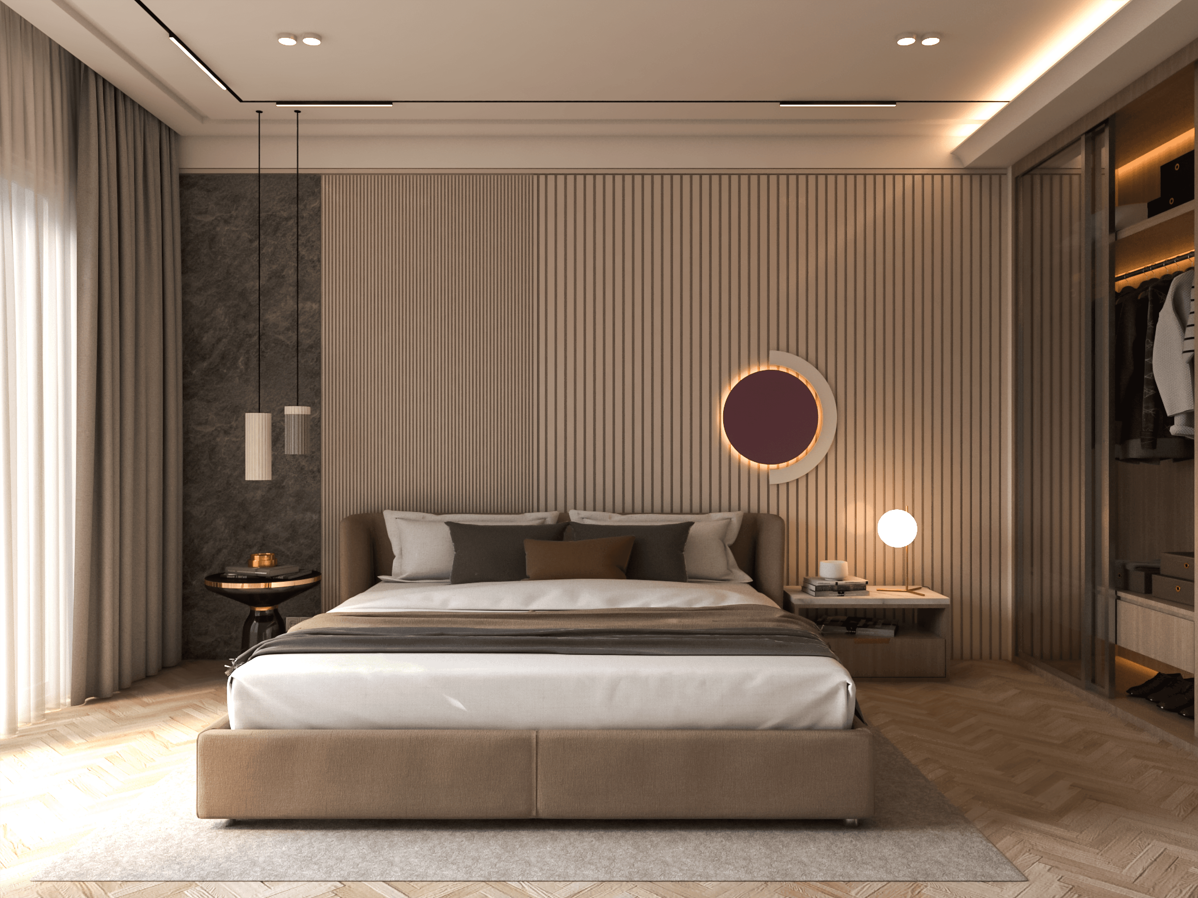 Warm modern bedroom with wood paneling and ambient lighting