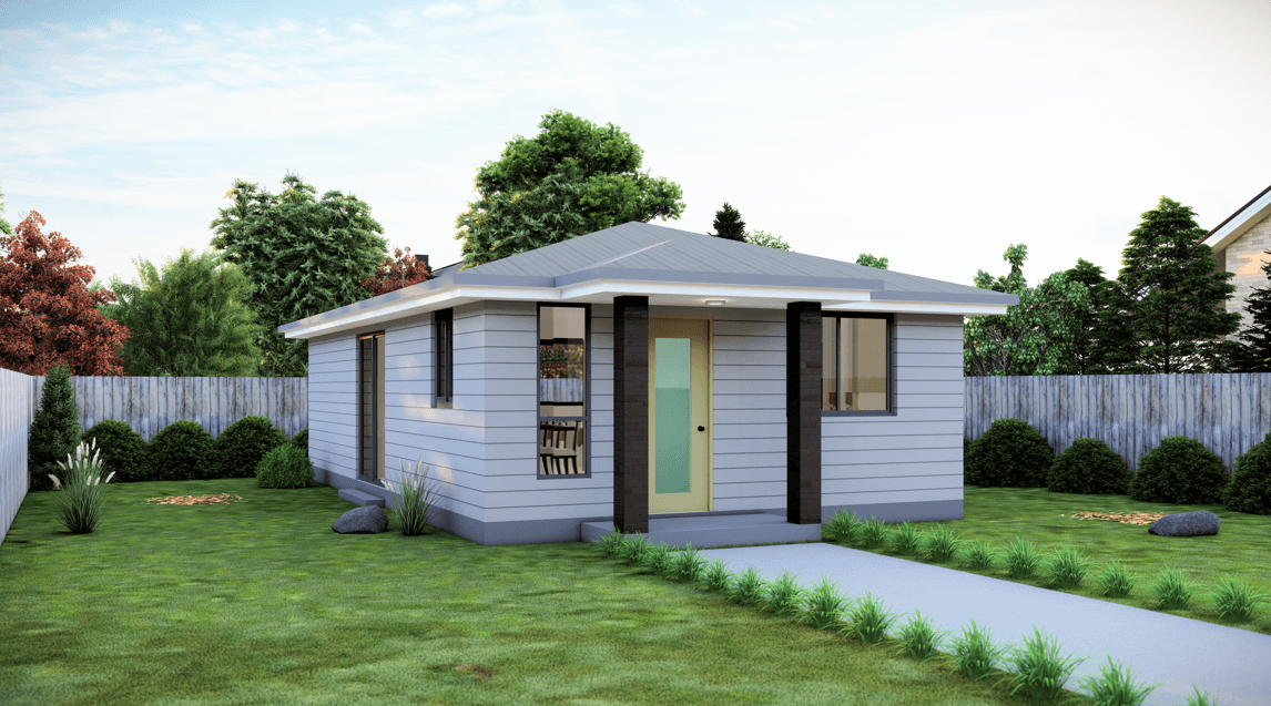 Contemporary granny flat with light facade and landscaped garden