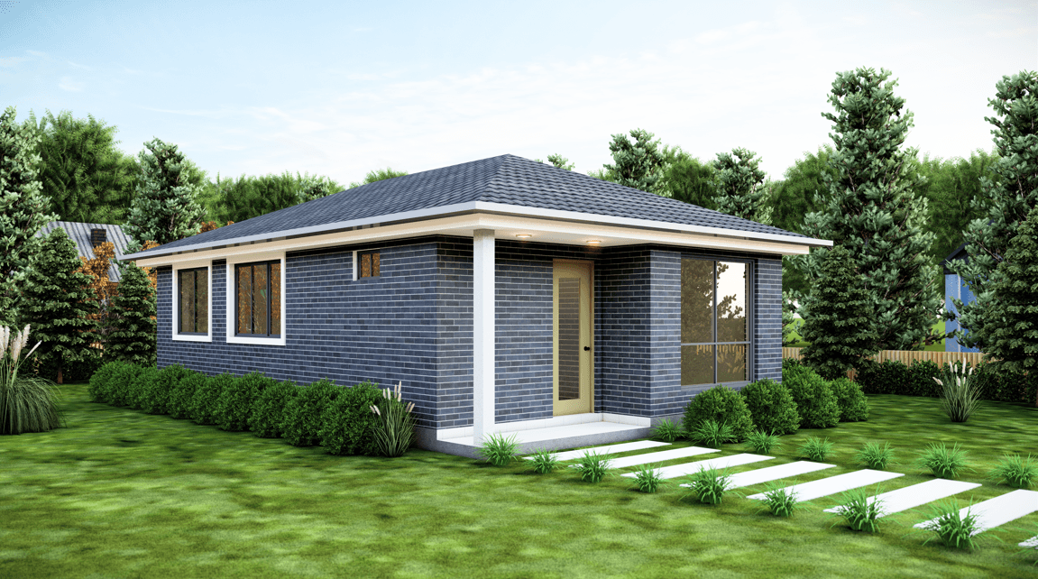 Dark brick granny flat with modern windows and wide front lawn