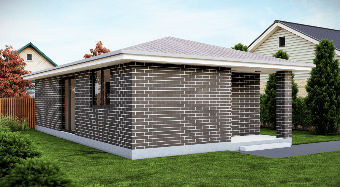 Front-facing dark brick home with streamlined driveway entry