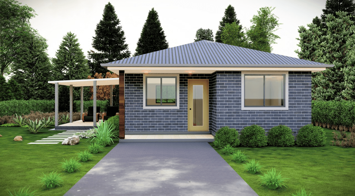 Side perspective of compact brick home with sheltered porch area