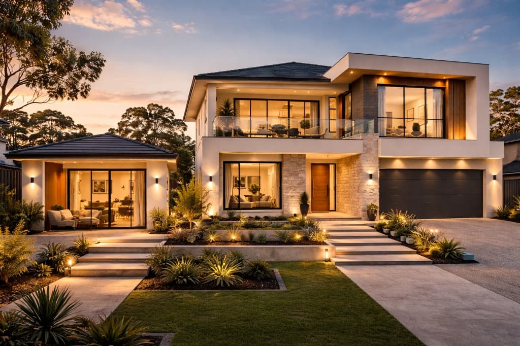 Modern luxury home exterior at twilight